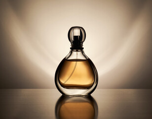 Classic Glass Perfume Bottle Mock Up on Dark Wooden Table Under Soft Spotlight on Pastel Nude Background