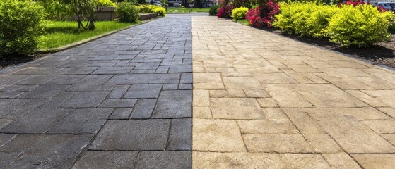The Driveway Showing a Dramatic Clean and Dirty Paver Contrast in a Garden