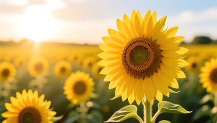 Obraz premium Sunflower field under warm summer sunlight