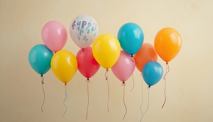 Colorful balloons floating gently against a soft beige background, creating a cheerful and minimal composition perfect for celebration themes