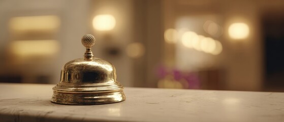 The service bell on a marble reception desk in a luxury hotel lobby
