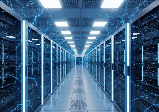A futuristic server room with rows of glowing blue server racks, illuminated by bright ceiling lights and crackling with energy