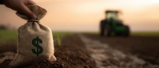 The Money Bag in a Field Symbolizing Agricultural Investment and Rural Prosperity at Sunset