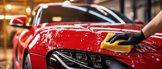 The Red Sports Car Being Washed in a Professional Garage