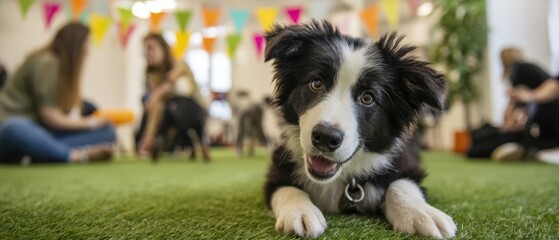 The Puppy Relaxing on Artificial Grass at an Indoor Playful Pet Party