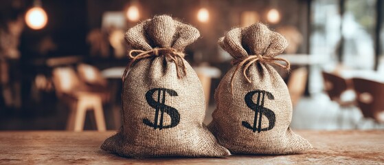 The money bags on a wooden table in a cozy blurred cafe setting