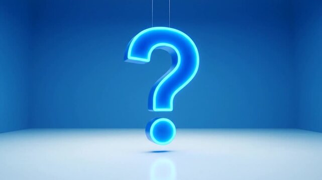 A vibrant, neon-blue question mark is suspended in a minimalist blue studio