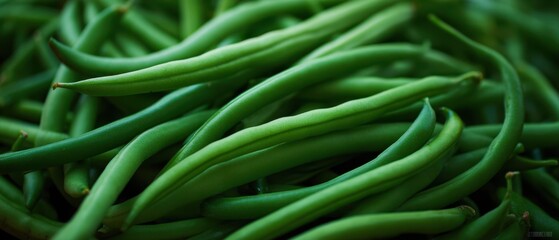 The Green Beans Pile Close Up Fresh Organic Healthy Vegetables Natural Texture
