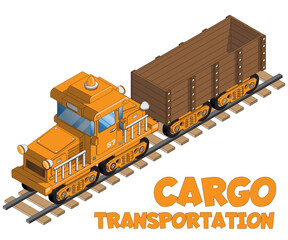 Freight train. Isometric. Isolated on white background. Side view. Vector illustration.
