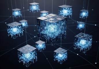 A network of glowing blue cubic nodes interconnected by lines, representing a decentralized system