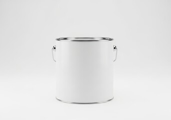 A plain white paint can with a metal handle, isolated on a white background