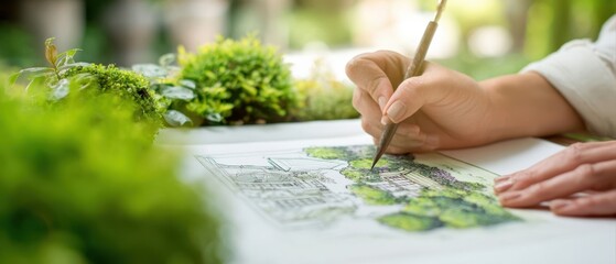 The architect sketching a sustainable green landscape design with moss and natural elements