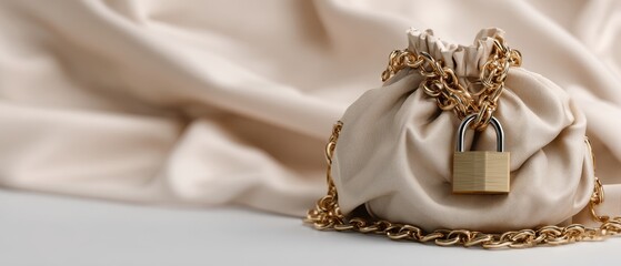 The satin pouch secured with gold chain and padlock on silky background
