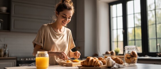 The Woman Preparing Croissants in a Sunlit Modern Kitchen at Breakfast