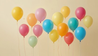 Colorful balloons floating gently against a soft beige background, creating a cheerful and minimal composition perfect for celebration themes