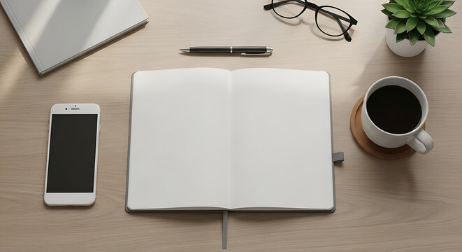 Tidy and minimalist workspace with an open blank notebook, smartphone, coffee, and office essentials on a wooden desk, perfect for planning and creativity
