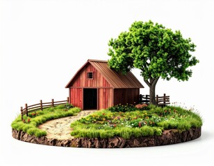 Miniature farm scene featuring a red barn, tree, and path on a grassy island.
