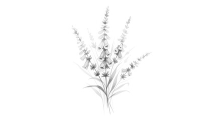 Obraz premium Delicate sketch of a blooming lavender sprig with small flowers and leaves isolated on white background