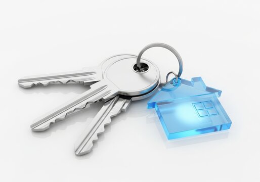 A set of silver house keys with a translucent blue houseshaped keychain isolated on white background