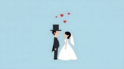 Minimalist wedding illustration with bride and groom holding hands, surrounded by floating red hearts on blue background, symbolizing love, marriage, romance, and commitment, perfect for invitation or