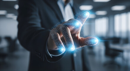 Business Hand Touching Digital Interface with Glowing Finger Points