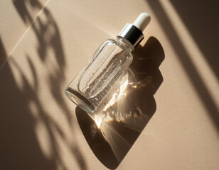 Clear glass dropper bottle containing transparent cosmetic serum, casting a sharp shadow and diffused reflection on a beige matte background with leaf-shaped shadows.