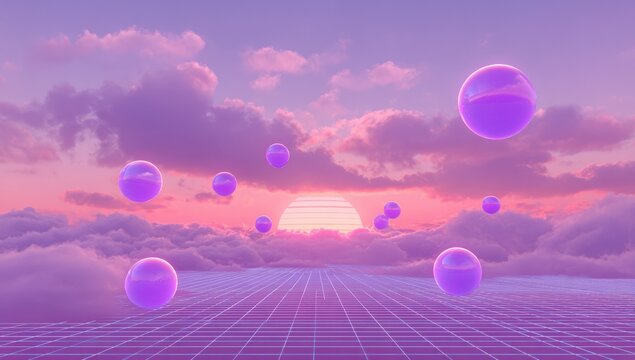 Pastel sunset, floating spheres, grid