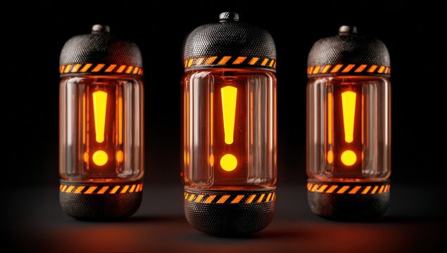 Three glowing exclamation points in vintage glass tubes