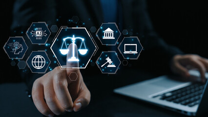 Futuristic digital law interface displaying justice scale, highlighting digital law, AI compliance, digital law systems, and digital law regulations for secure governance. Elide