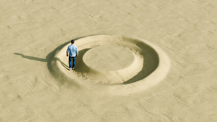 Man walking endlessly in a deep circular path carved into the sand, concept of burnout, routine and time loop, 3d render