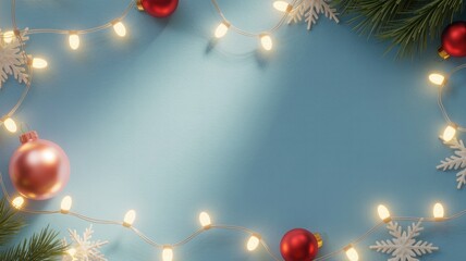 Festive christmas frame with glowing warm fairy lights and red baubles on a soft blue background with pine branches and snowflakes