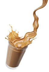 A glass of chocolate or coffee milk splashing upwards, isolated on white background, 3d...