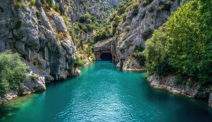 Serene canyon lake with cave entrance
