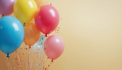 Colorful balloons floating gently against a soft beige background, creating a cheerful and minimal composition perfect for celebration themes