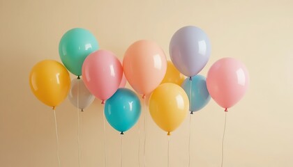 Colorful balloons floating gently against a soft beige background, creating a cheerful and minimal composition perfect for celebration themes