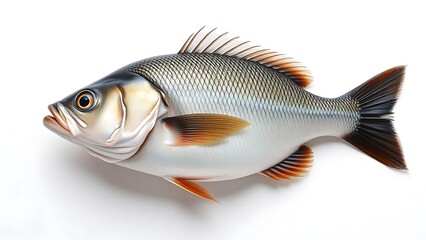 Fototapeta premium seabass. A fresh sea bass showcased on a clean white background, its detailed scales and texture captured under professional studio lighting. menu design.