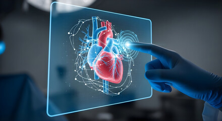 Doctor Touching Digital Holographic Heart Display Medical Diagnosis Interface