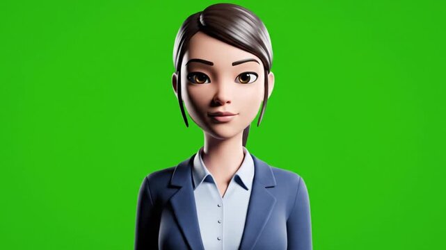 Professional 3D animated businesswoman talking with confident expression against green screen background for presentation video or corporate training content
