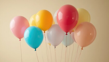 Colorful balloons floating gently against a soft beige background, creating a cheerful and minimal composition perfect for celebration themes