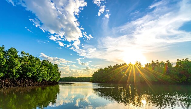 Scenic river flowing through lush green vegetation, under a bright sunset - Powered by Adobe