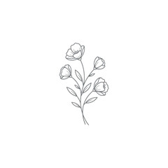 Delicate line drawing of a floral bouquet with open blossoms and slender stems.