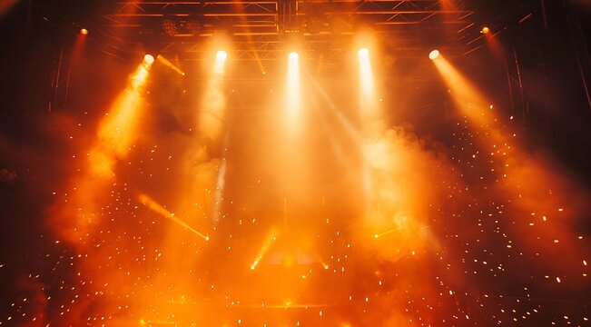 Experience the electric energy of vibrant concert lighting illuminating smoke filled stage with dynamic beams