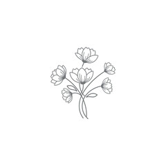 Delicate line drawing of a floral bouquet with open petals and stems.