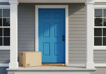 Fototapeta premium Cardboard delivery box sitting on a welcome mat in front of a blue front door