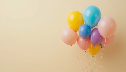 Colorful balloons floating gently against a soft beige background, creating a cheerful and minimal composition perfect for celebration themes