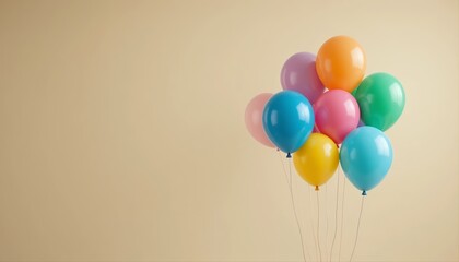 Colorful balloons floating gently against a soft beige background, creating a cheerful and minimal composition perfect for celebration themes