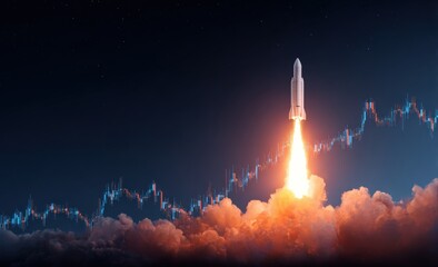 Rocket launch against a night sky, with a chart of financial data overlayed