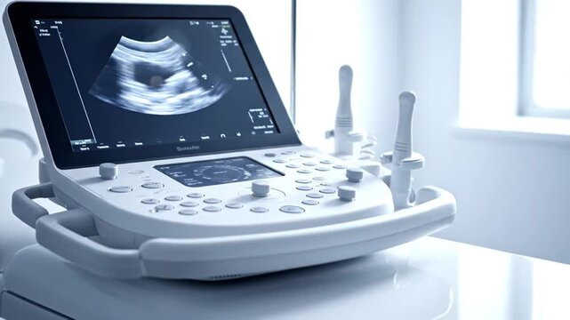 Diagnostic Imaging Scan Monitor Showing Internal Organs Sonography Result in Blue Toned Medical Clinic Operating Room with Ultrasound Transducers and Control Panel Device Radiography