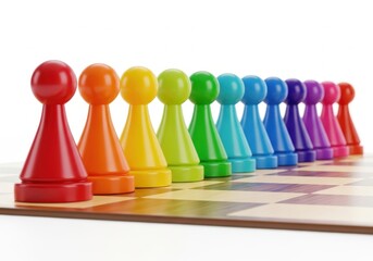 Colorful pawns on a chessboard isolated on white background, representing diversity, strategy, teamwork, and inclusion in a playful and vibrant way