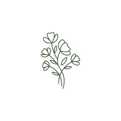 Minimalist illustration of a floral bouquet with five flowers, rendered in a single, continuous line.